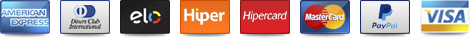 Bandeiras aceitas: American Express, Diners Club, Elo, Hiper, Hipercard, MasterCard, PayPal, Visa